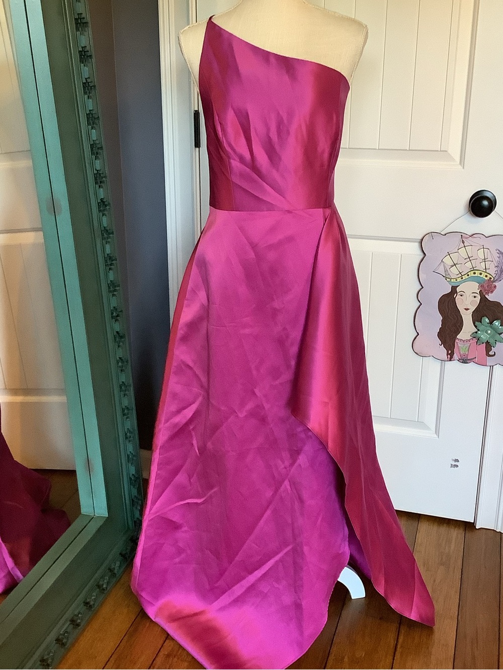 NWT ALFRED SUNG One-Shoulder Magenta Satin Evening Gown